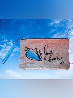 JUST BEACHY zip Pouch Bag, Cosmetic, Burlap Cotton Blend, Turquoise Lining